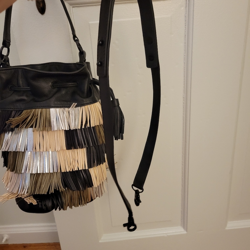 NWOT Loeffler Randall genuine leather fringe handbag purse. Black tan metallic - Picture 7 of 16